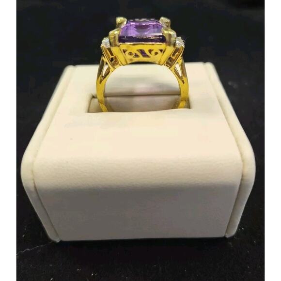 Amethyst Ring Size 10 Gold Plated 925 Sterling Silver Emerald Cut 16mmx12mm & CZ - Picture 3 of 5